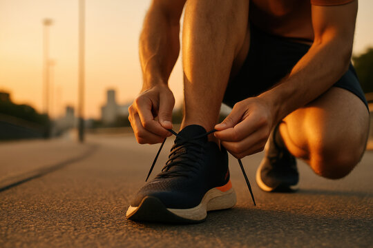 Athlete tying running shoes on a city street at sunset