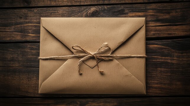 A rustic brown envelope tied with a natural twine bow rests on a dark wooden surface, evoking a vintage and handmade feel.