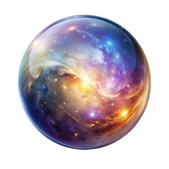 A shimmering, celestial sphere encases a swirling nebula, radiating a mystical energy on a transparent
