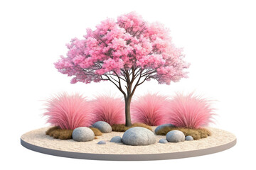 Pink blossom tree with stones isolated on transparent background