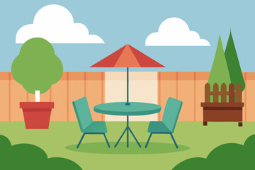 A Simple Backyard Patio With Basic Furniture For A Relaxing And Fun Outdoor Home Scene