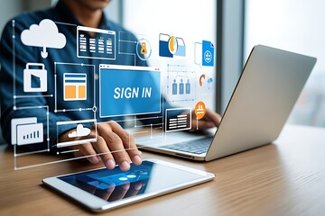 Person using a tablet and laptop with digital interface overlay showing cloud storage data analytics and sign in screen for business technology and connectivity