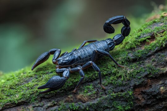 Detailed close-up of a black scorpion walking on a textured moss-covered tree bark in a natural green forest setting with blurred background
