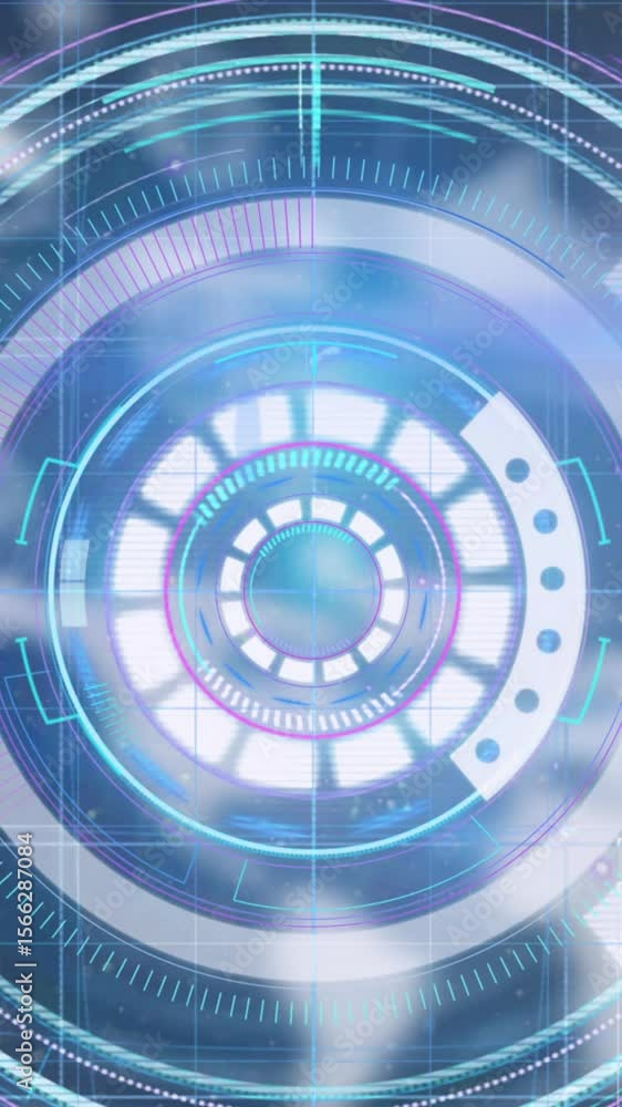 Poster round scanner and spot of light against data processing on blue background