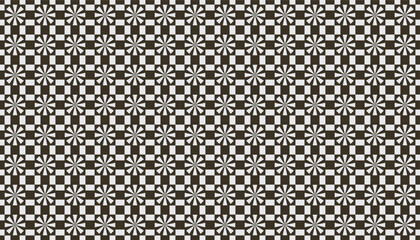 Monochrome seamless pattern featuring symmetrical floral shapes in a checkered grid layout, creating a clean and elegant black-and-white design