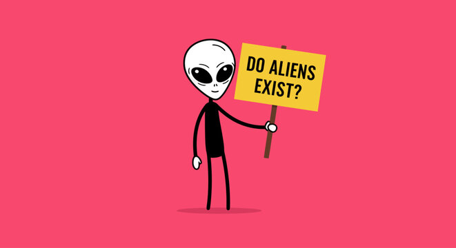 A curious cartoon alien with large dark eyes stands against a vibrant pink background, holding a yellow sign asking "DO ALIENS EXIST?".