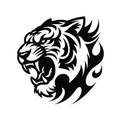 Obraz premium Angry Tiger Head in Vector Tattoo Style - Roaring Beast Illustration