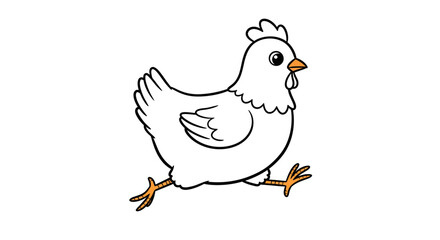 Obraz premium A cute cartoon white chicken with an orange beak and legs is depicted walking or running against a clean white background, perfect for children's designs.