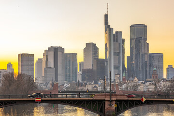 View over the River Main with a modern skyline in the background in the evening, at sunset....