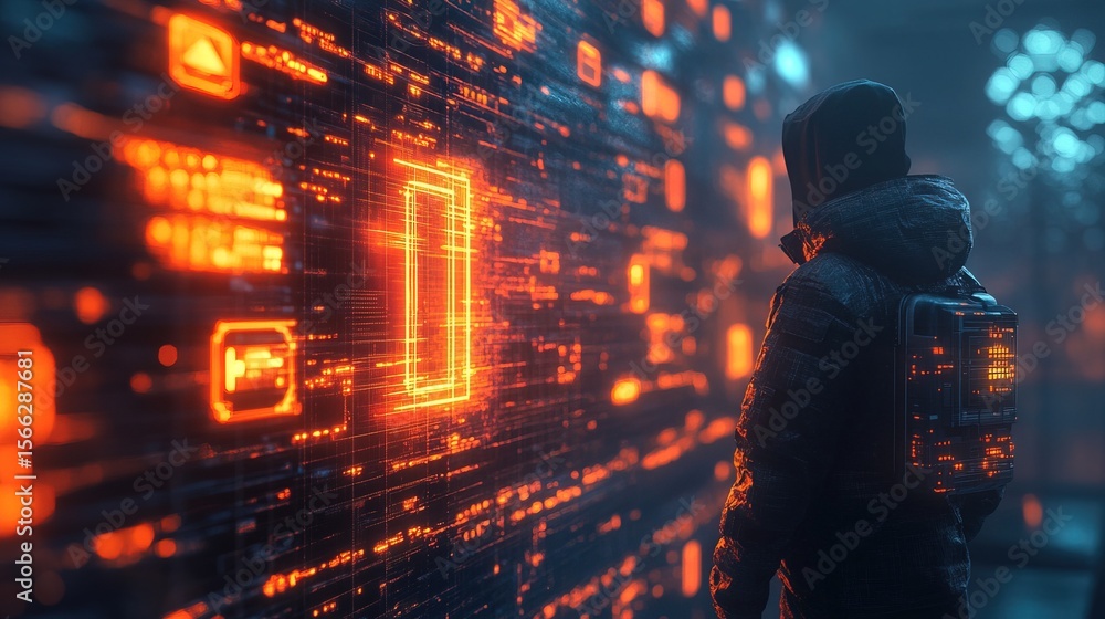 Poster back view of hacked futuristic digital interface system security concept