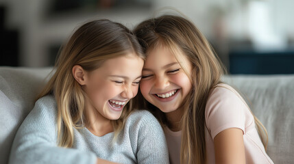 Fototapeta premium Two laughing girls sitting close together on couch indoors