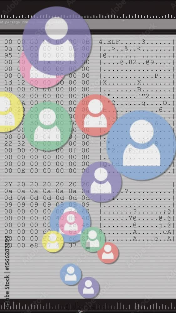 Poster animation of social media people digital icons over data processing on computer screen