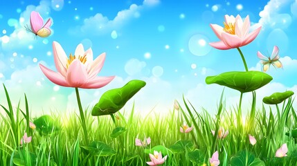 Fototapeta premium Vibrant Pink Lotus Flowers in Sunny Meadow with Butterflies