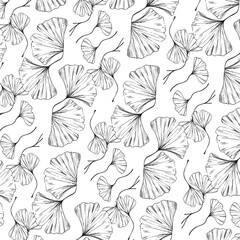 An elegant seamless pattern of scattered, hand-drawn Ginkgo biloba leaves. The detailed vintage engraving style creates a classic, sophisticated look ideal for luxury textiles or wallpaper