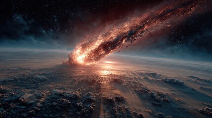 Obraz premium Fiery meteor approaching planet cosmic impact space explosion
