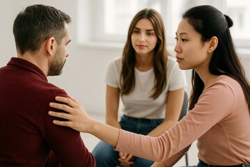 Supportive group therapy session with diverse young adults in counseling setting