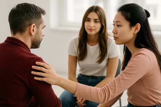 Supportive group therapy session with diverse young adults in counseling setting