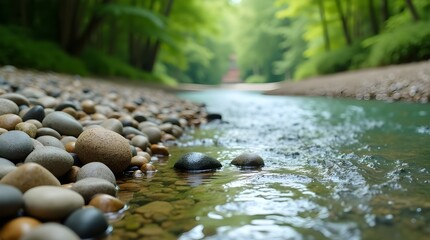A high-resolution photo of smooth pebbles arranged naturally along the edge of a clear stream, water gently flowing and reflecting nearby greenery -