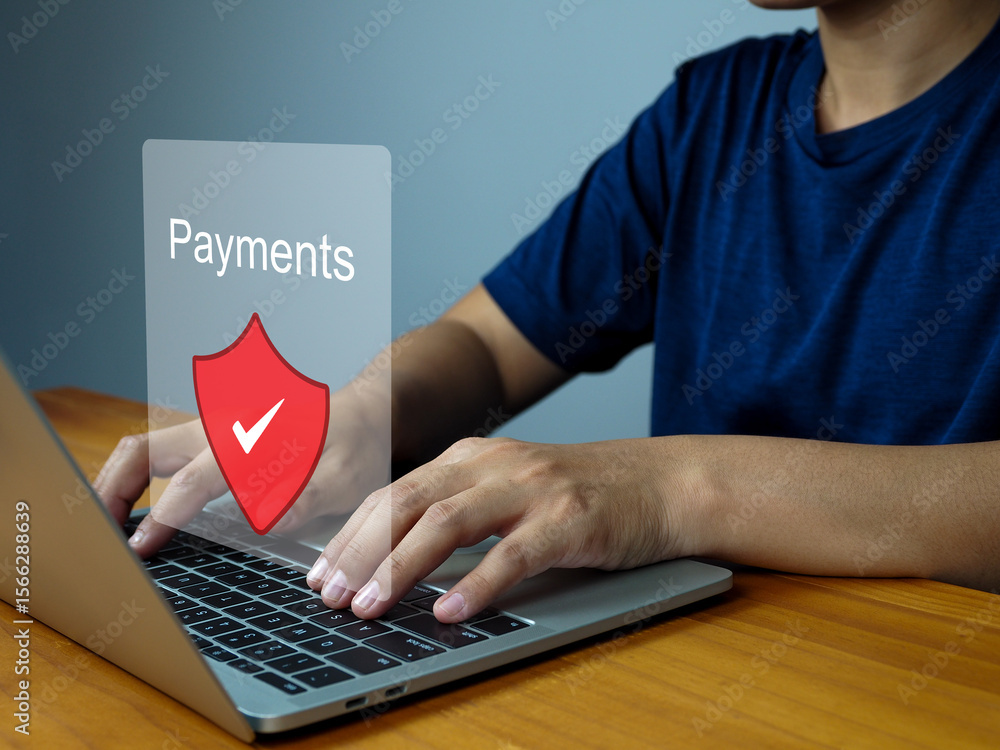 Poster online payment security concept with person typing on laptop keyboard and shield icon with check mar