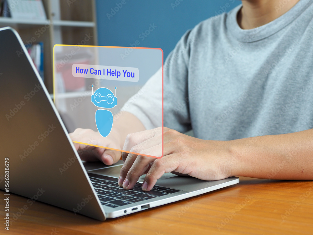 Poster person typing on laptop with virtual chatbot interface showing how can i help you message, symbolizi