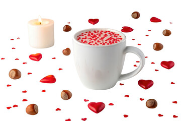 Candle with mug, hearts and hazelnuts isolated on transparent background