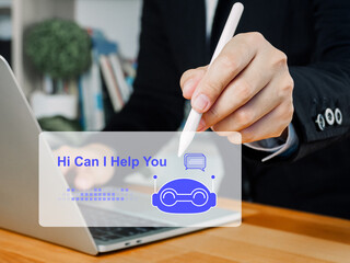 Digital assistant concept with chatbot icon and person using stylus on laptop screen, technology...