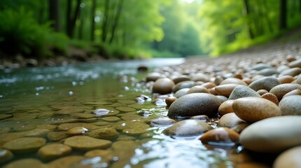 A high-resolution photo of smooth pebbles arranged naturally along the edge of a clear stream, water gently flowing and reflecting nearby greenery -