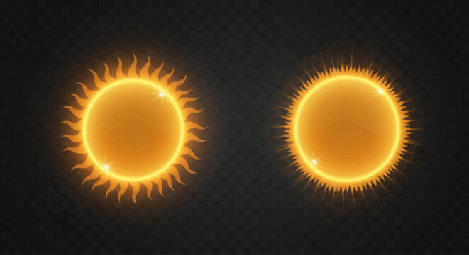 Two vibrant glowing suns with distinct fiery coronas illuminate a dark, transparent background, ideal for celestial and energy concepts.