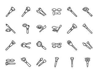 Collection of Eye Shadow Brush Icon Silhouettes – Line Style Makeup Tool Illustrations Featuring Eyeshadow Applicators, Eye Brushes, Cosmetic Accessories, and Beauty Symbols on White Background