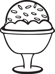 Hand-drawn line art illustration of a delicious ice cream sundae in a stemmed glass bowl, featuring a whimsical, playful style.