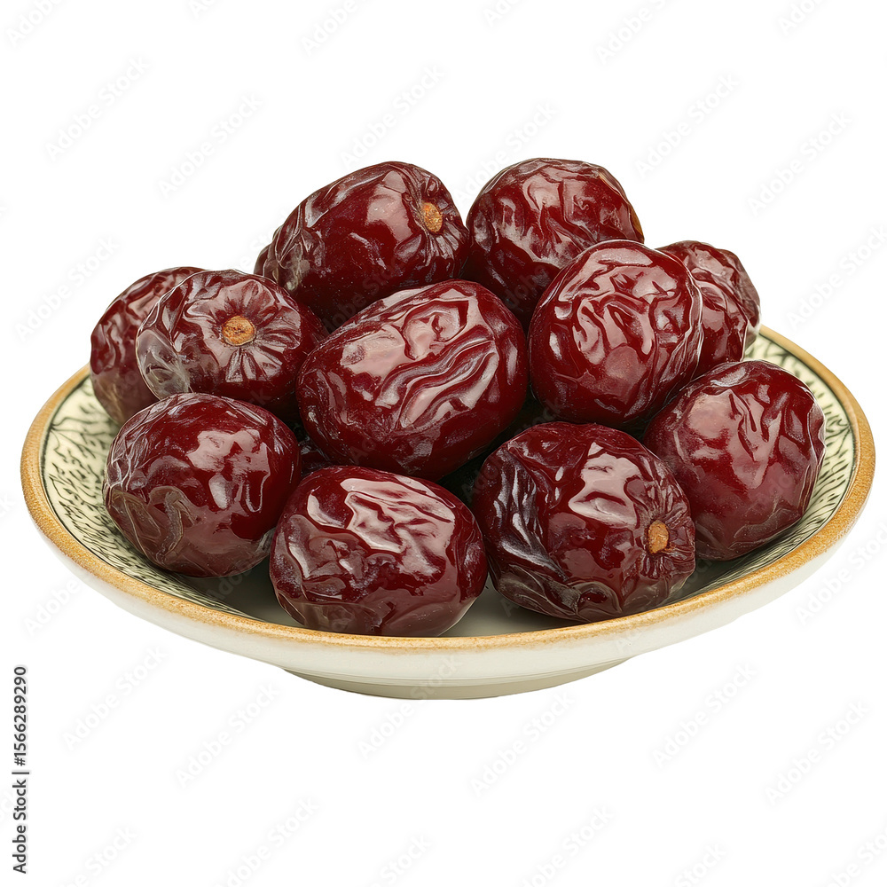 Poster dried red dates arranged in a decorative plate showcasing a rich, glossy texture and vibrant color, 