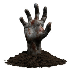 Real photo of zombie hand coming out of soil with transparent background