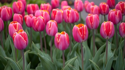 Fototapeta premium Vibrant Pink and Orange Tulips Field Spring Blossom