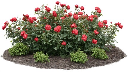 Vibrant Red Rose Bush Garden Landscape, Lush Blooming Flowers