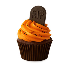 Real photo of halloween cupcake with orange frosting with transparent background