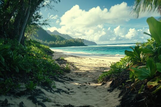 Beautiful deserted ocean beach with lush vegetation in Tahuata Marque during the day, Deserted ocean beach lush vegetation Tahuata Marquesas Pacific