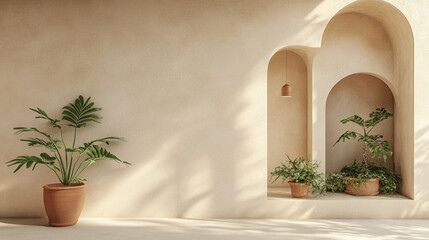 Cream Wall with Cutout Window Shapes and a Potted Plant, Generative AI