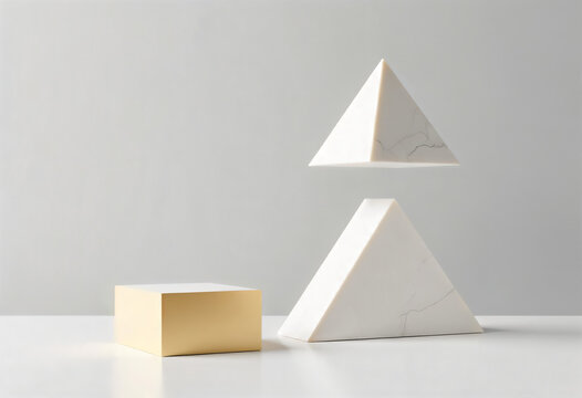 Abstract composition with a levitating marble pyramid and a gold cube on a white background