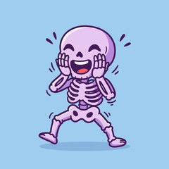 This cartoon skeleton with a big skull stands playfully with hands on its face, mouth wide open in laughter — radiating fun against a bright yellow backdrop.