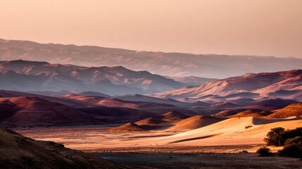 Naklejka premium Warm Sunset Hues Over Vast Desert Landscape