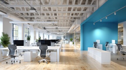 Modern office interior design open workspace with ergonomic chairs and blue accent wall