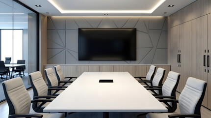 Modern conference room with white rectangular table surrounded by eight ergonomic chairs and flat screen television