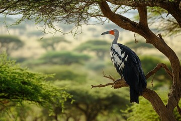 Obraz premium Secretary Bird rests majestically in a tree at Tsavo West National Park during a serene afternoon, A Secretary Bird rests in a tree from Tsavo West Reserve