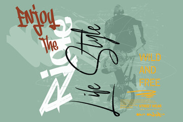 with bicycle illustration art tees, Just ride slogan graphic, graffity bicycle sloganTee, t shirt graphics print vector illustration design, Urban typography hipster street art for graphic tees.eps8