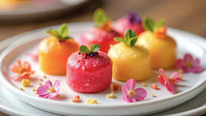 A beautiful arrangement of colorful mini mousse cakes topped with mint leaves and delicate flowers, showcasing a delightful assortment of fruity flavors and artistry.
