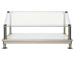 Countertop food protector with a clear acrylic shield on a transparent background