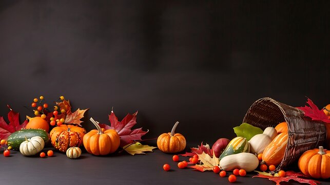 Autumn cornucopia with pumpkins, gourds, and colorful fall leaves in a warm, harvest-themed setting