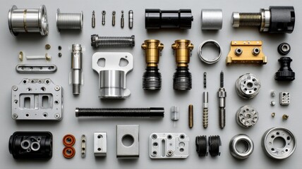 A diverse collection of modern machinery parts, neatly arranged and ready for assembly or inspection