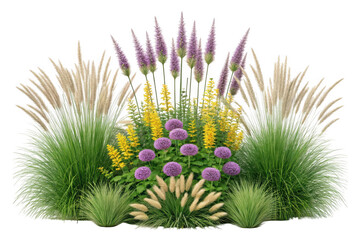 Ornamental garden with purple and yellow flowers isolated on transparent background
