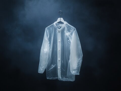 A transparent raincoat hangs on a white hanger against a dark background with smoke, captured in a close-up shot with a moody atmosphere.